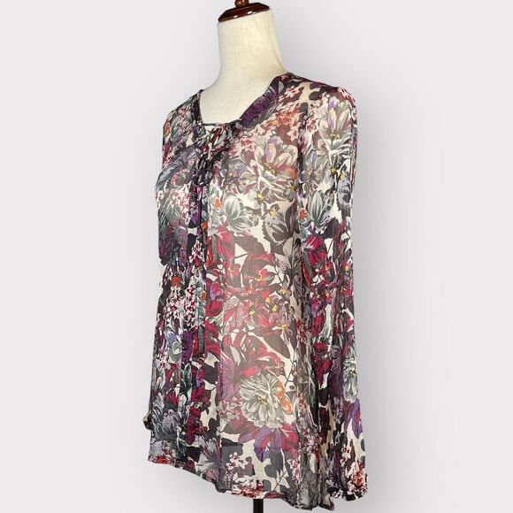 Lucky Brand Top Women M Multicolor Floral Boho Sheer‎ Button-Front Viscose C42 - Picture 2 of 11